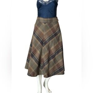 JIGSAW 100% High Waisted Wool Plaid A-Line Midi Skirt in Brown Size 8